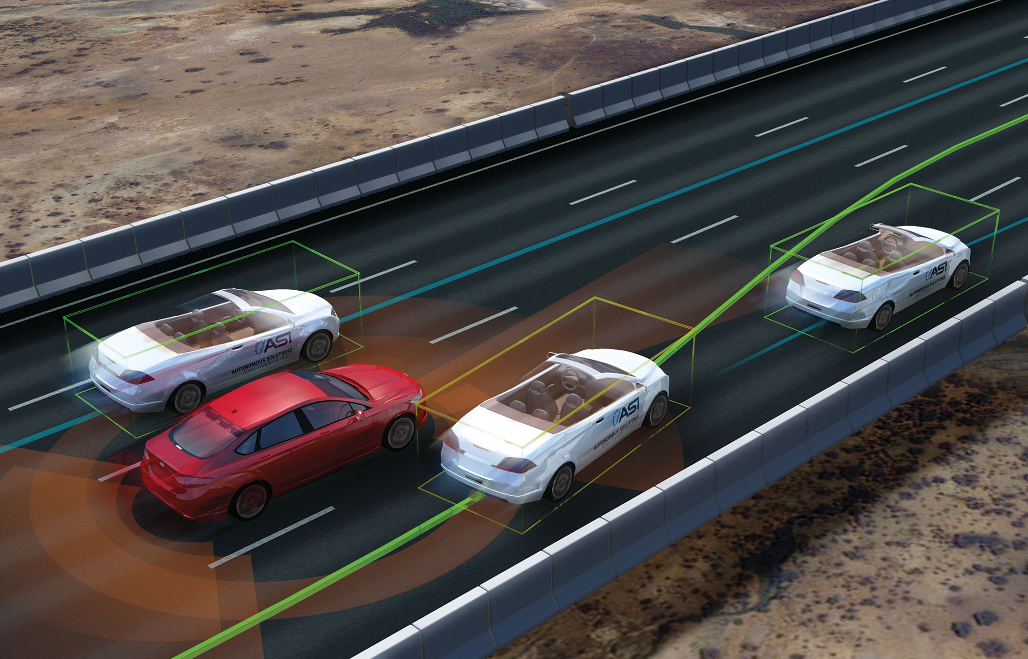 computer generated image of three white autonomous cars driving recklessly while a red automated car tries to avoid them safely.